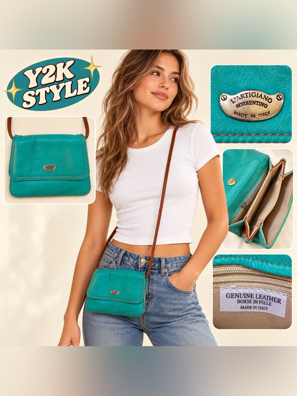 L’Artigiano Sorrentino Italian Leather Teal Mini Crossbody Y2K Style